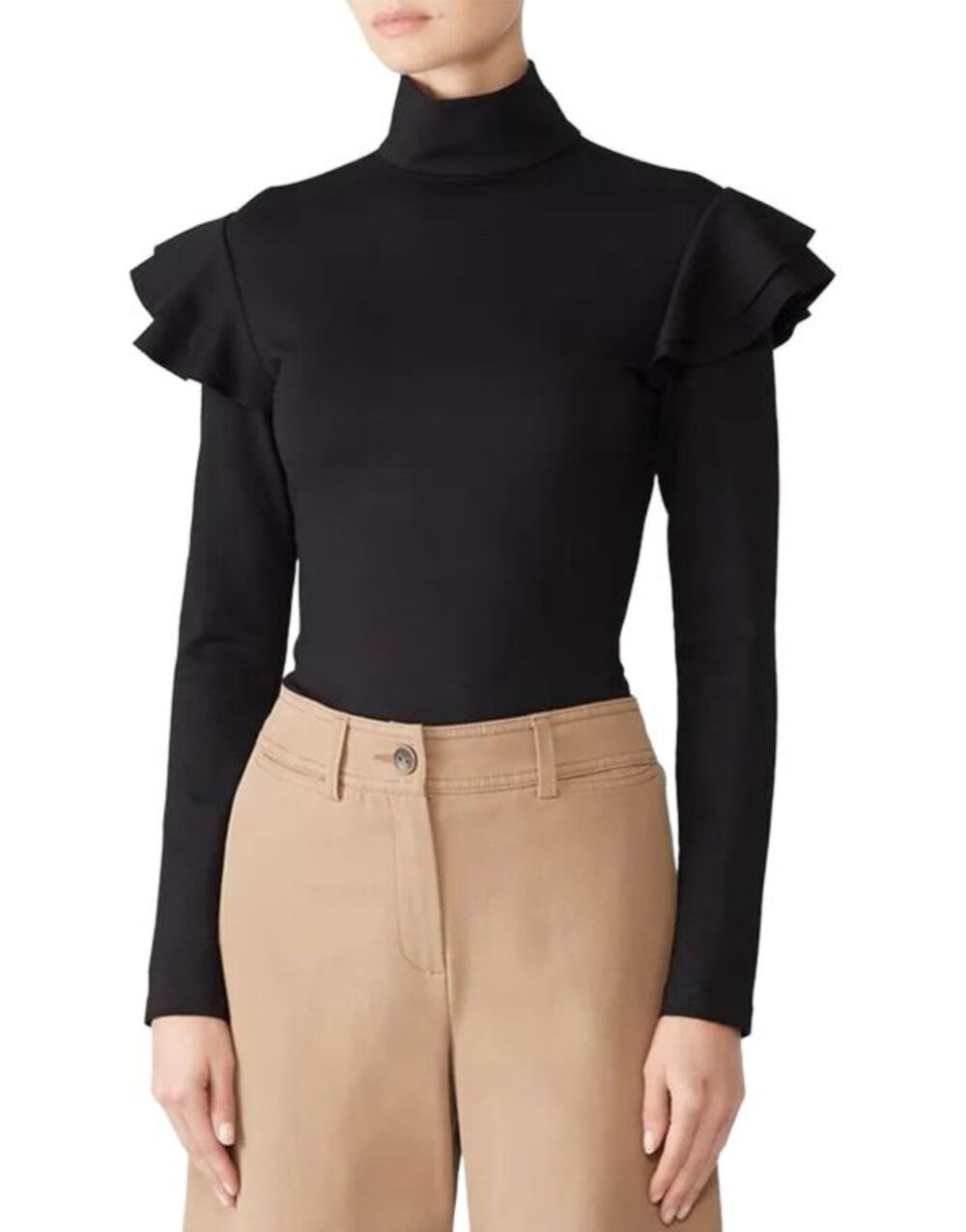 Hunter Bell Tuckernuck Mason Black Ruffle Turtleneck Long Sleeve Knit Top Shirt